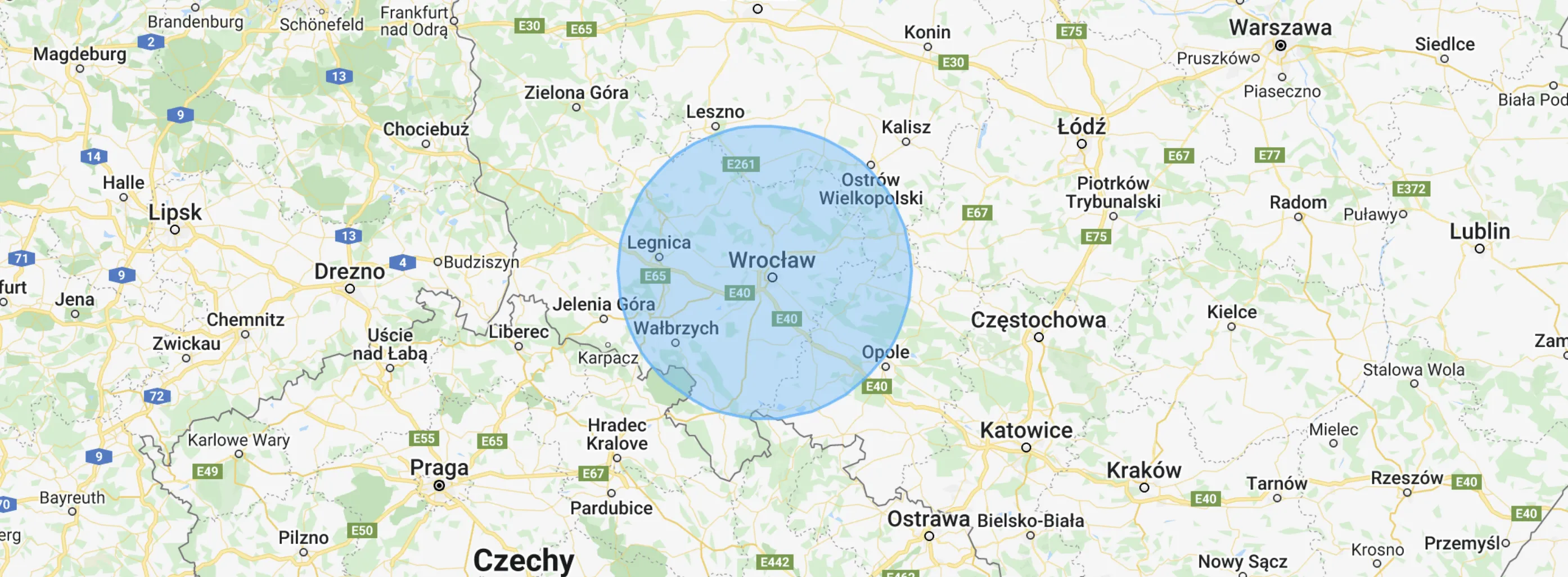 Mapa zasięgu działania firmy PAMIKO – Wrocław i okolice w promieniu ok. 100 km (Legnica, Wałbrzych, Opole, Ostrów Wielkopolski)